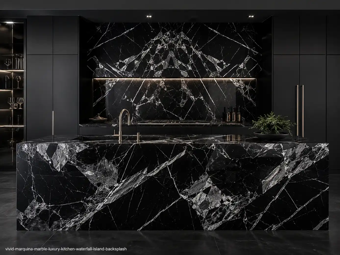 Polished dramatic architectural slab on a waterfall kitchen island and backsplash with black depth and bold white calcite.