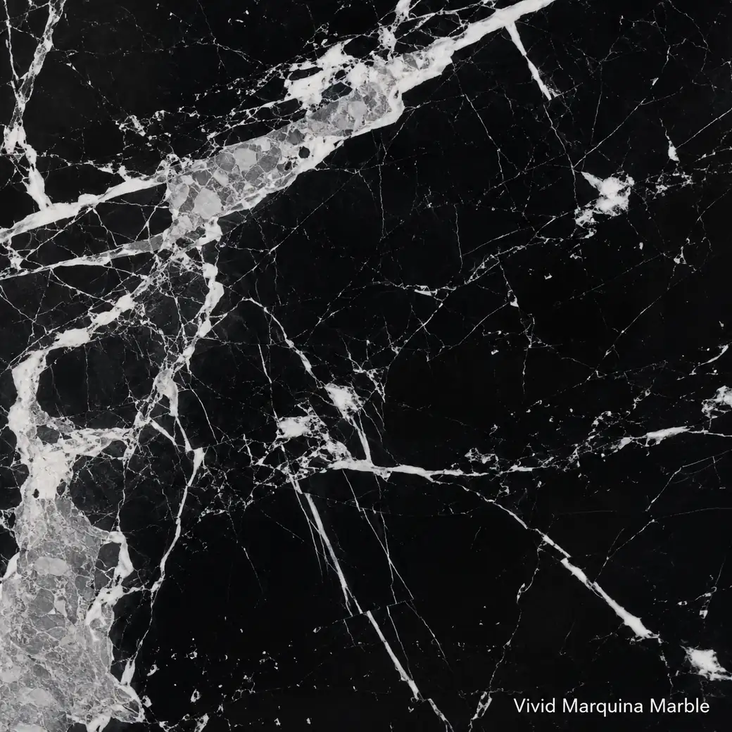 Vivid Marquina Marble with intense black white stone, bold calcite masses, silver fractures and deep mirror-polished depth.
