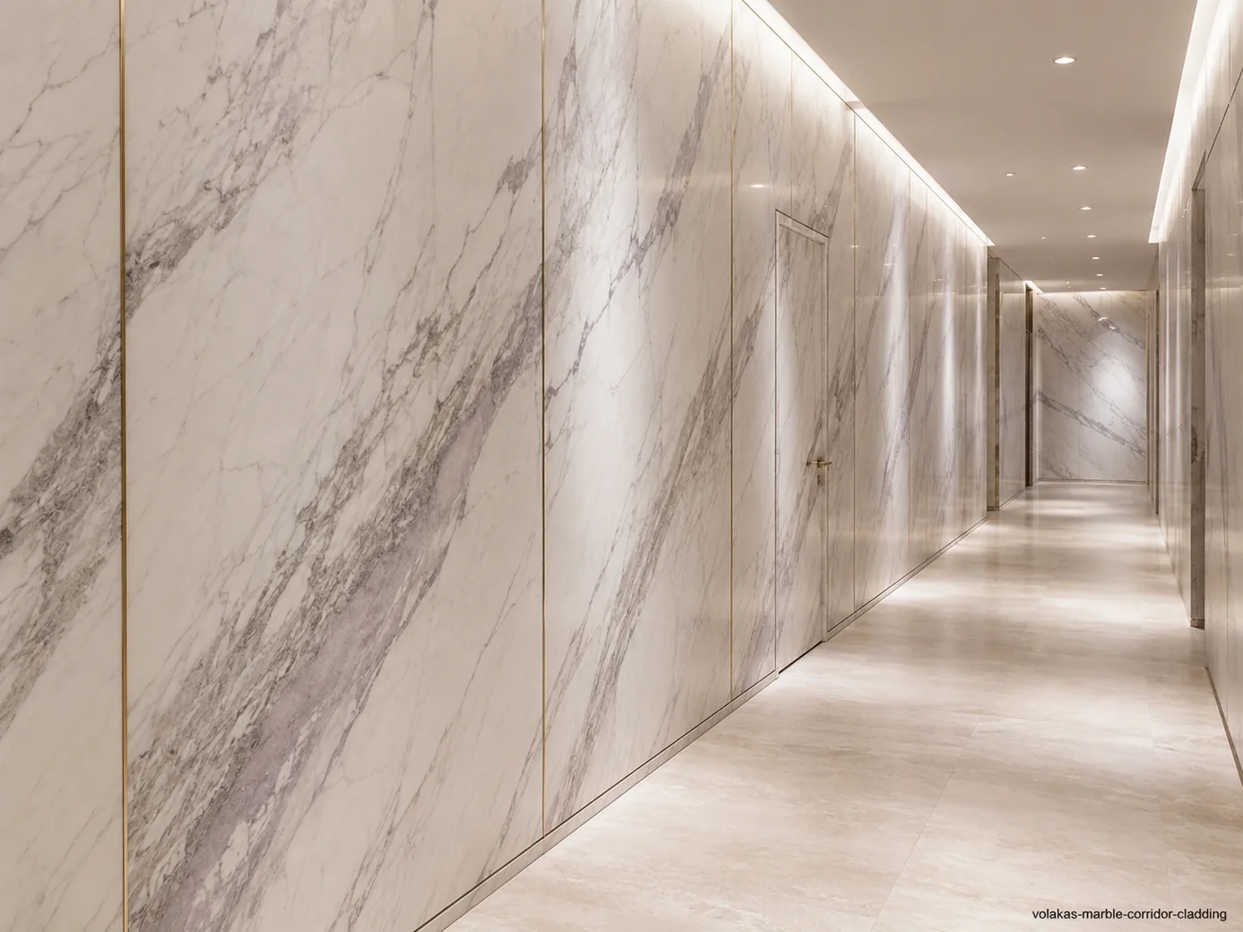 Volakas Marble corridor panels with white stone and long grey, taupe and muted-lavender ribbons.