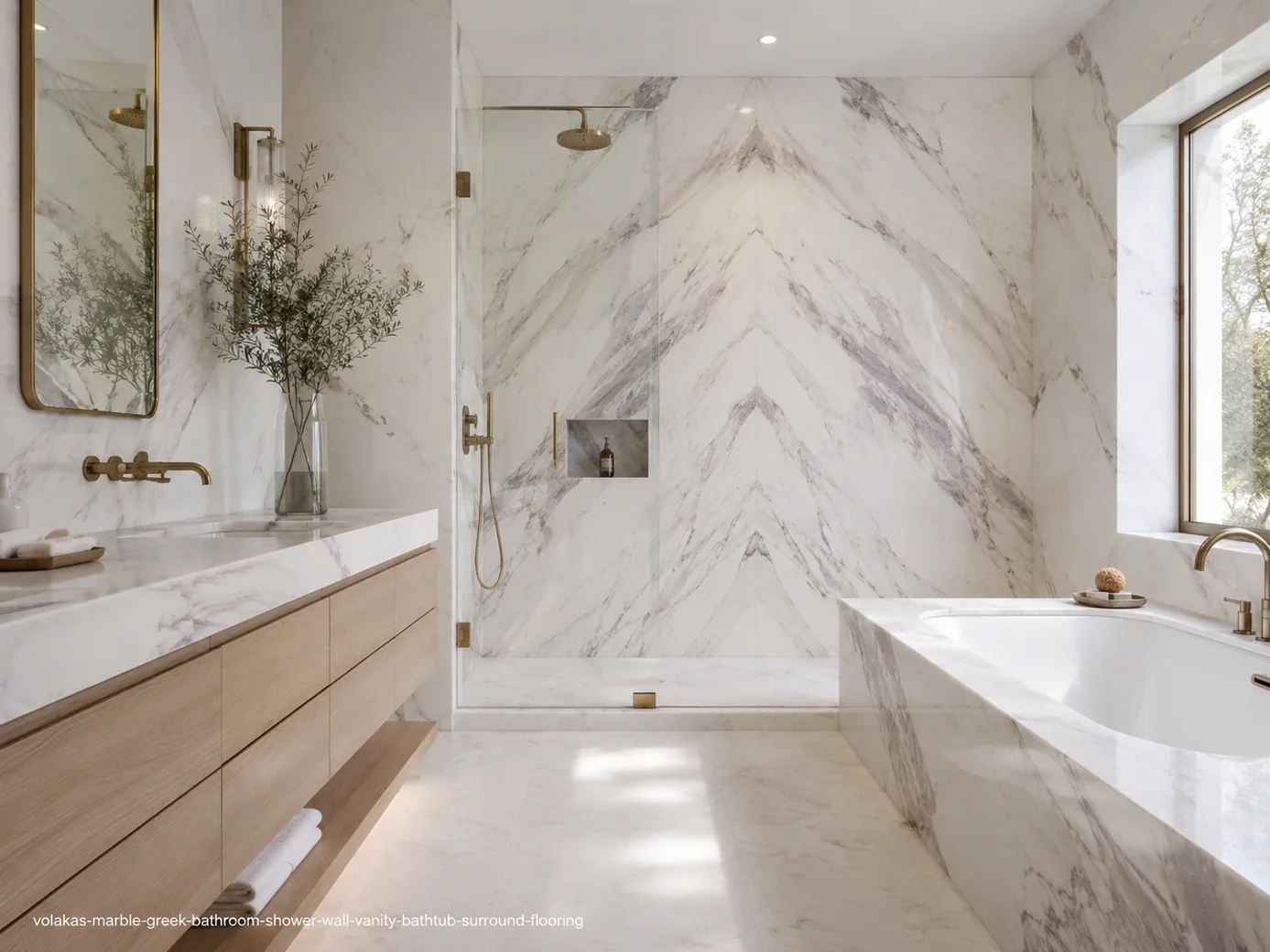 Polished Greek architectural slab across shower wall, vanity, bathtub surround and flooring with grey and lilac ribbons.