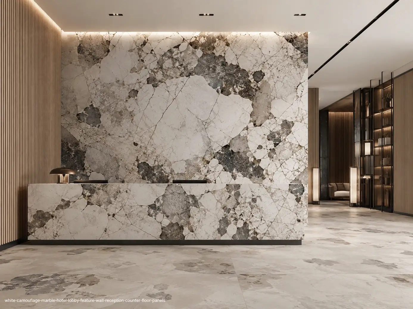 Polished contemporary architectural slab on a lobby wall, reception counter and floor panels with ivory camouflage fragments.