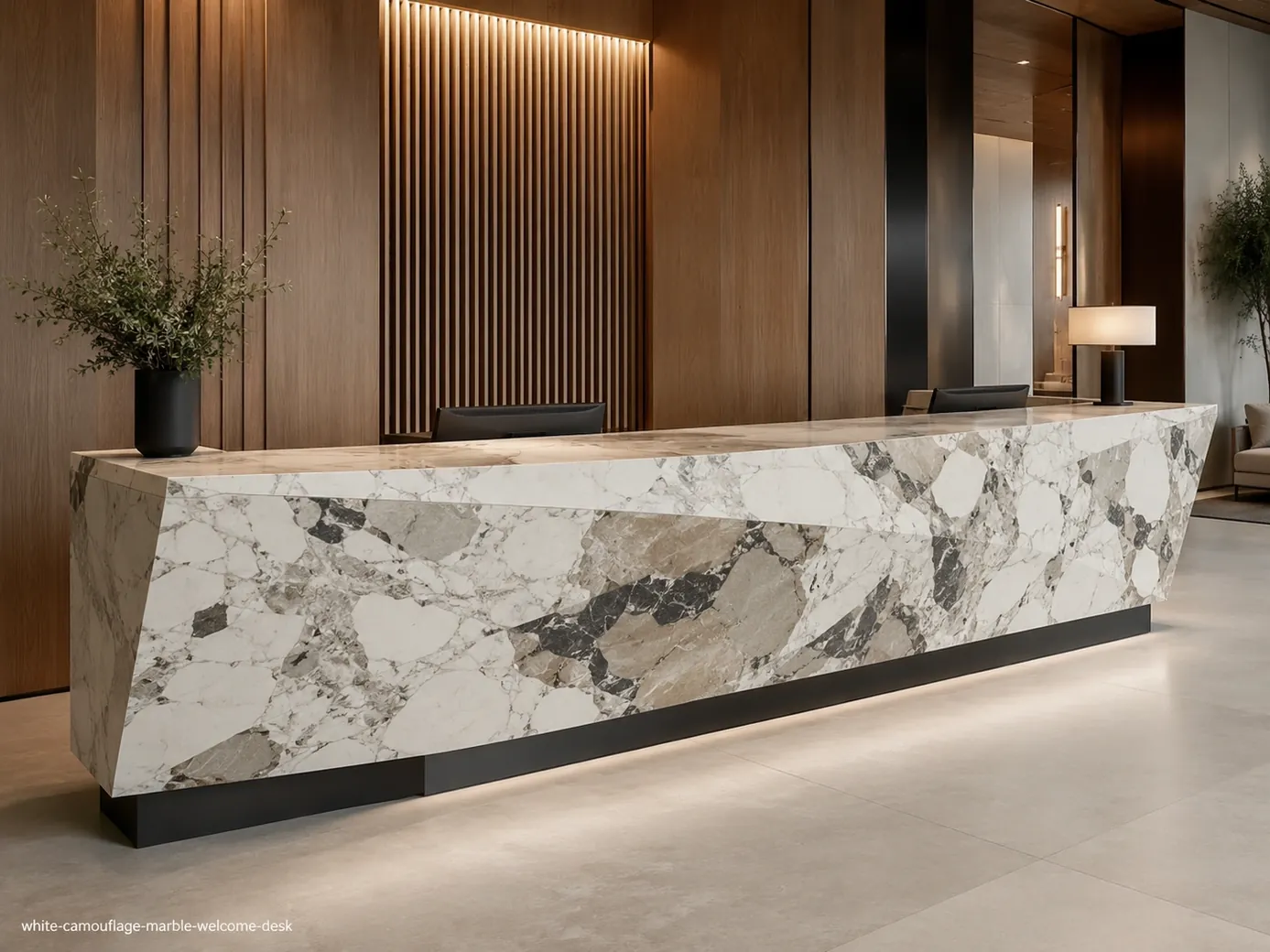 White Camouflage Marble welcome desk with ivory fragments, taupe and olive-grey patches and fine dark veins.