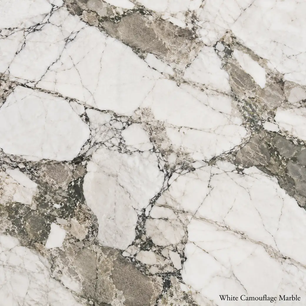 White Camouflage Marble with white grey abstract stone, taupe islands, charcoal outlines and rich polished mineral depth.