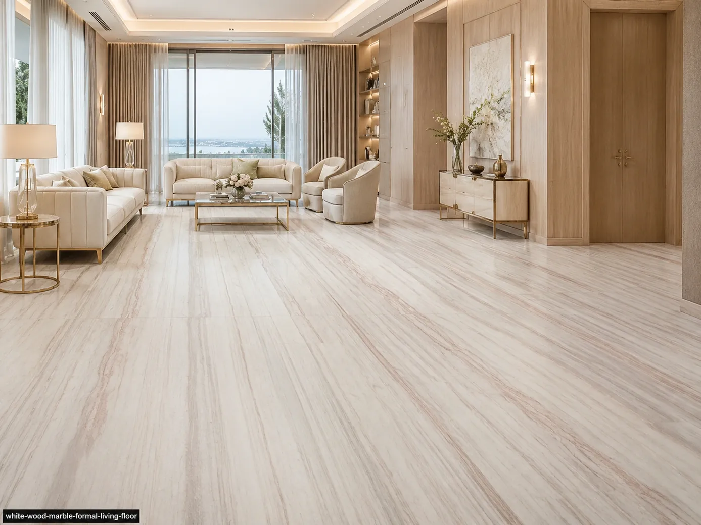 White Wood Marble formal living floor with honed white, beige and grey bands resembling bleached timber grain.