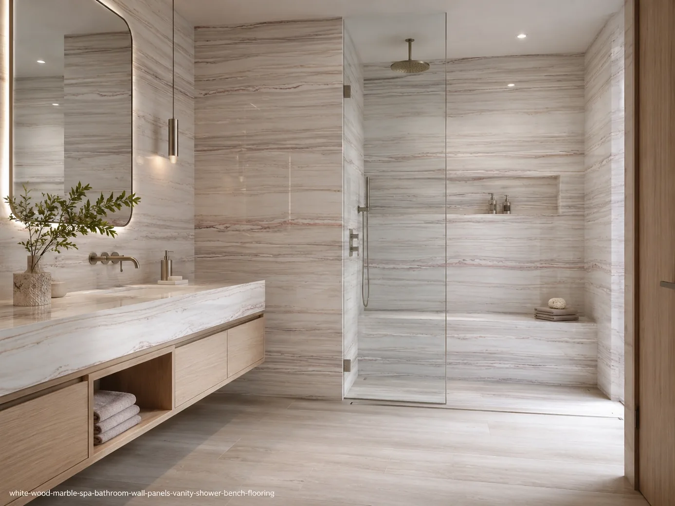 Polished contemporary architectural slab across spa wall panels, vanity, shower bench and floor with soft wood-grain layers.