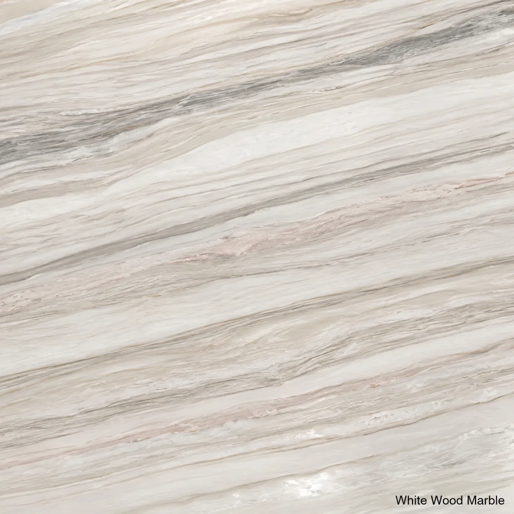 White Wood Marble with white linear grain stone, beige ribbons, grey bands, rose accents and pearly polished natural finish.