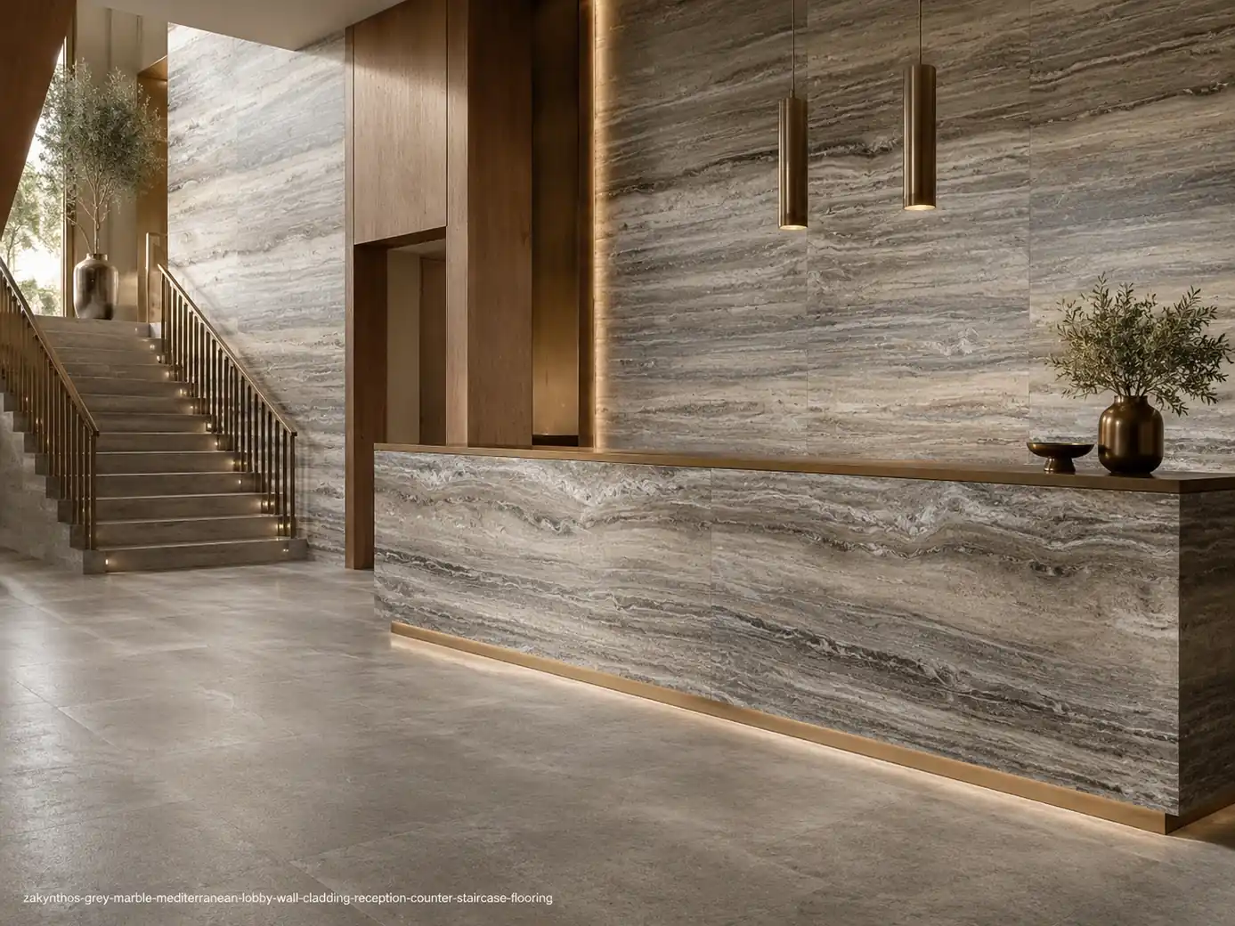 Polished Mediterranean architectural slab across walls, reception counter, staircase and flooring with taupe-grey layers.