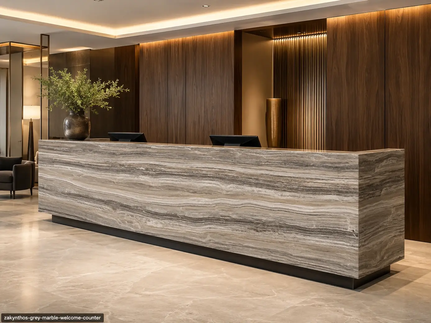 Zakynthos Grey Marble welcome counter with layered silver-grey, taupe, cream and graphite horizontal bands.