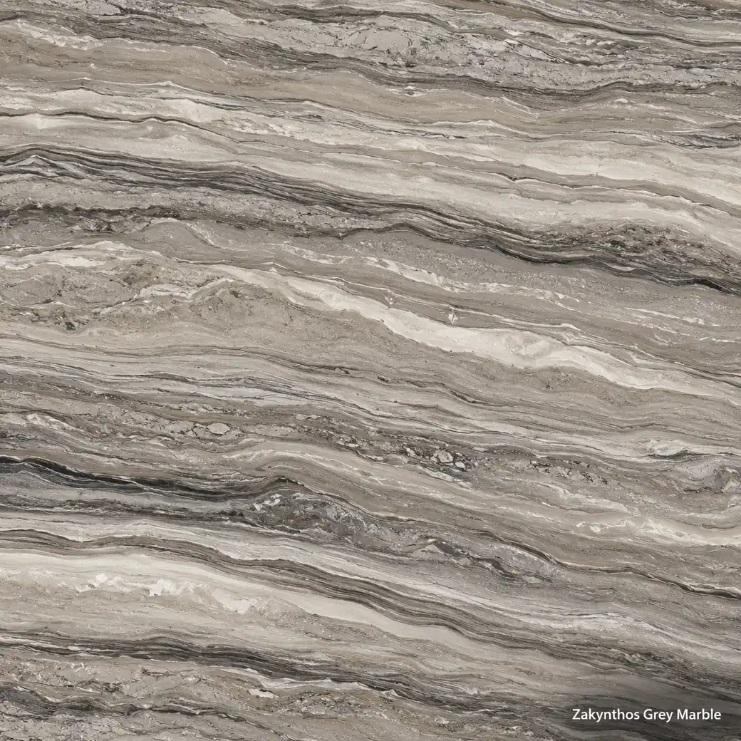 Zakynthos Grey Marble with island inspired grey stone, taupe layers, cream bands and a refined polished directional finish.