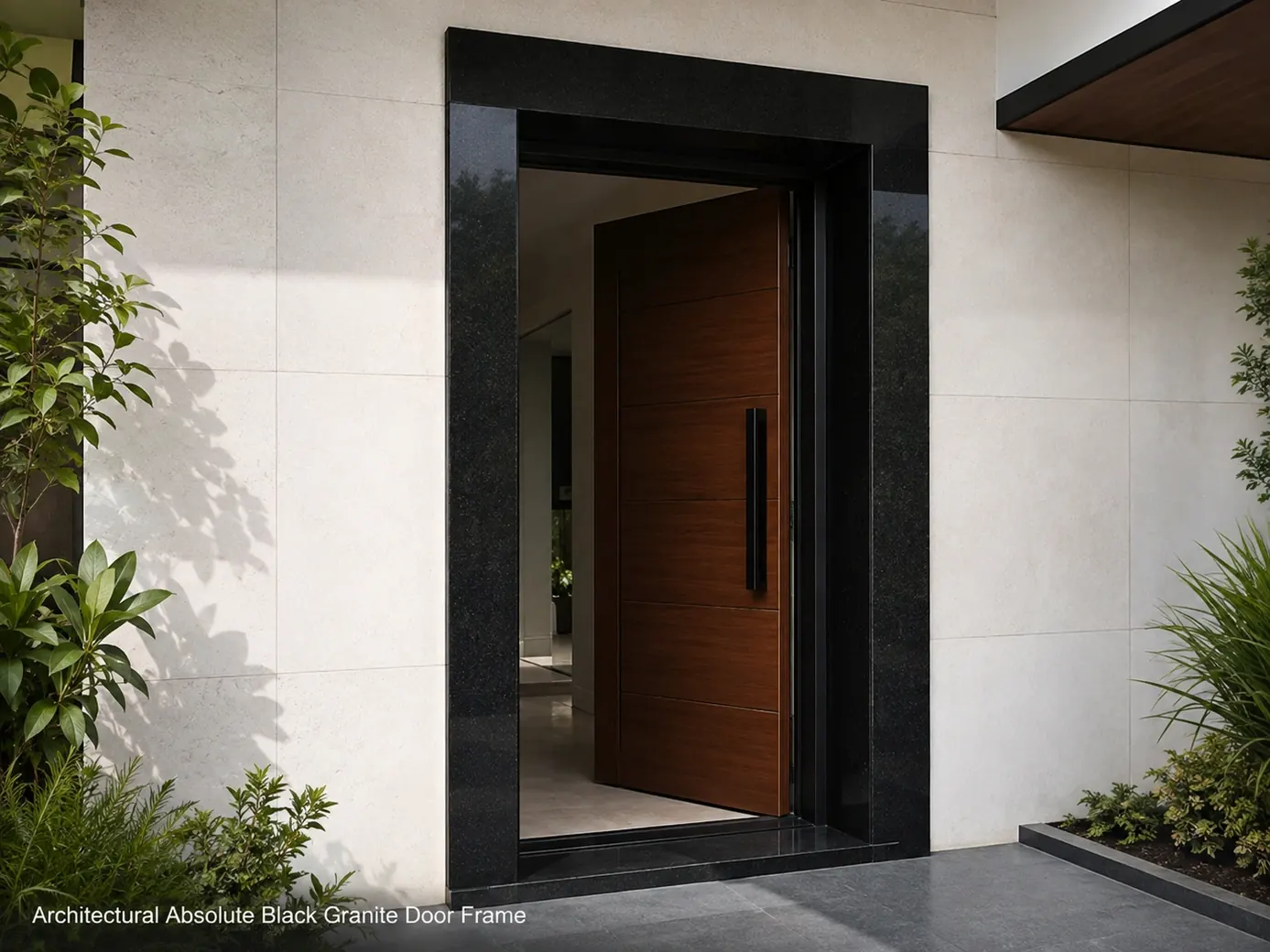 Polished Absolute Black granite door frame with ebony jambs, header and threshold in a modern entrance