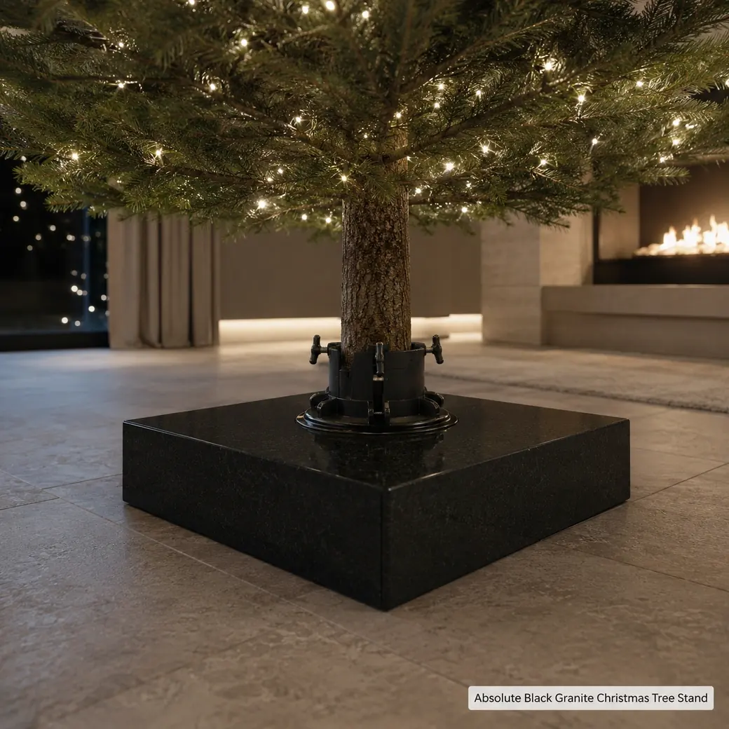 Honed Absolute Black granite Christmas tree stand securing a live tree with a centred clamping system.