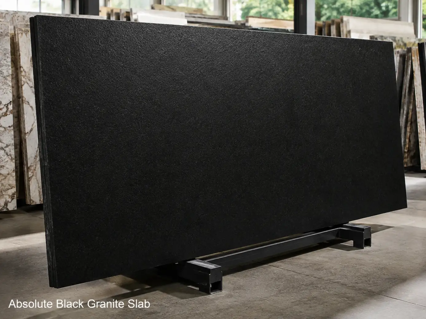 Leathered Absolute Black granite slab displayed on an A-frame with satin-black texture and full-size scale