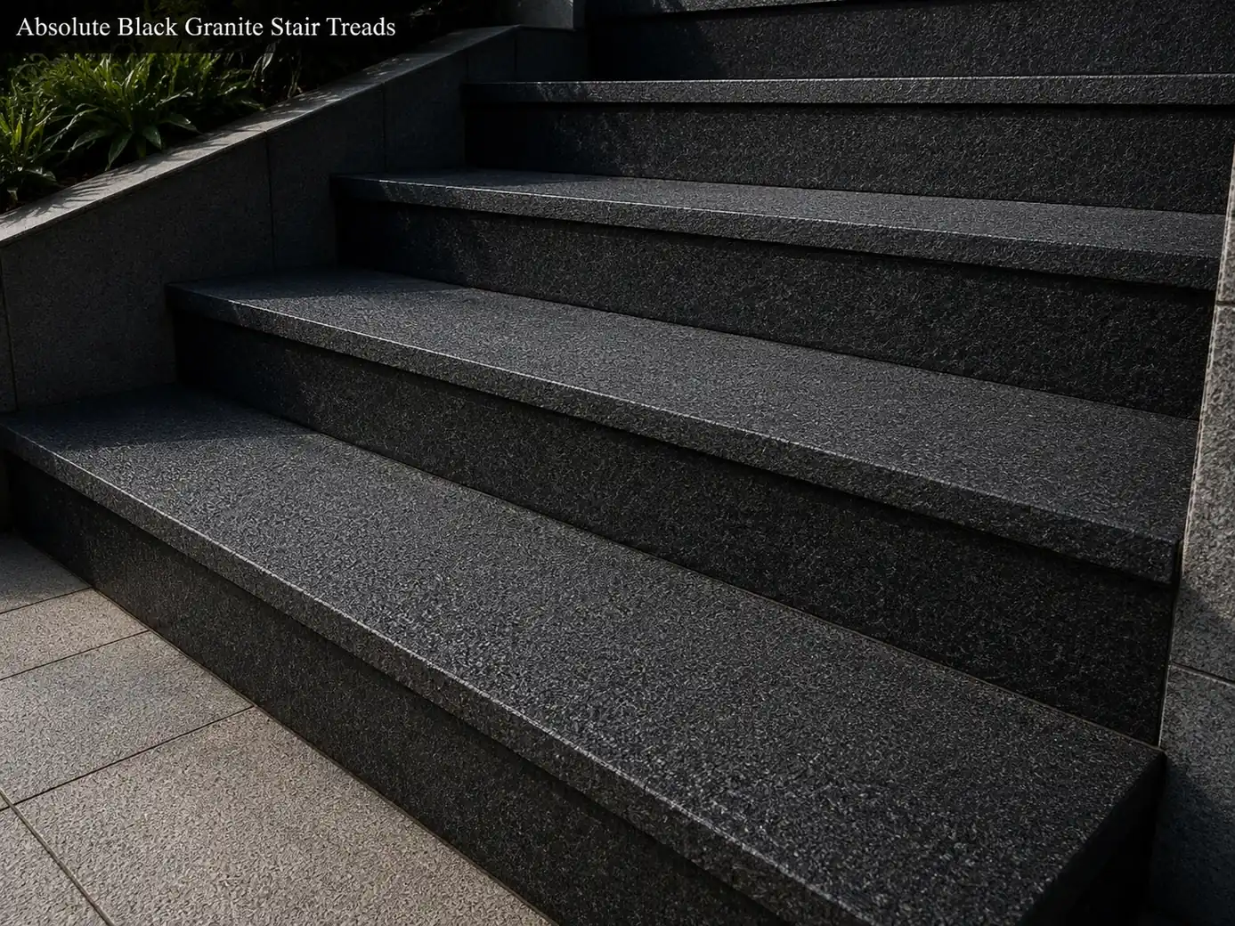 Flamed Absolute Black granite stair treads with textured midnight-black surface and precise installation