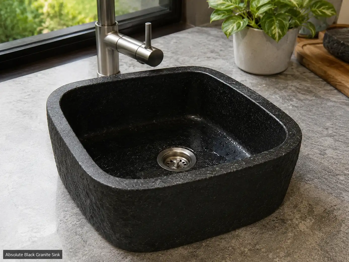 Honed Absolute Black granite basin carved from solid stone with dark crystalline texture and modern faucet