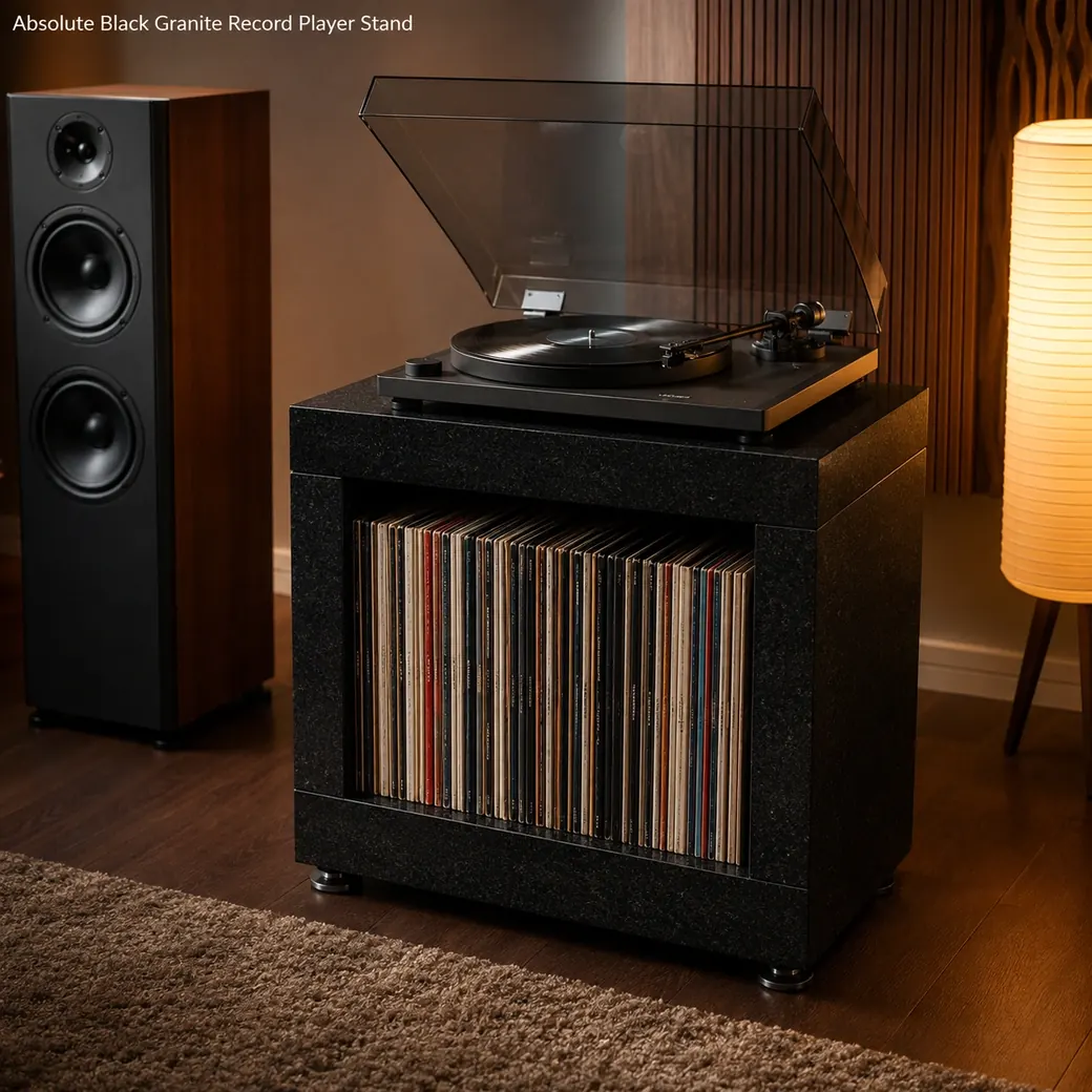Honed Absolute Black granite record player stand with turntable, vinyl storage and vibration-isolating feet.