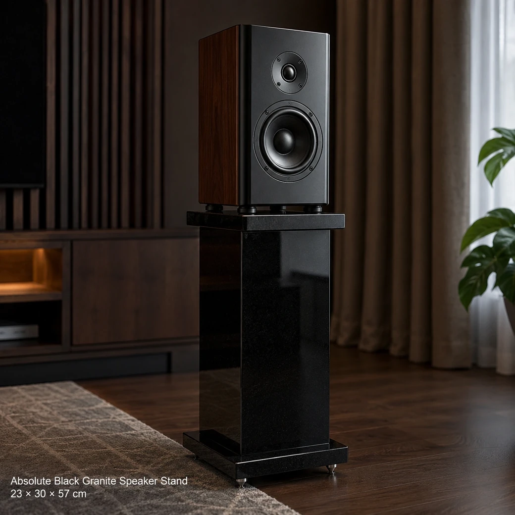 Polished Absolute Black granite speaker stand with bookshelf speaker, isolation pads and floor spikes.
