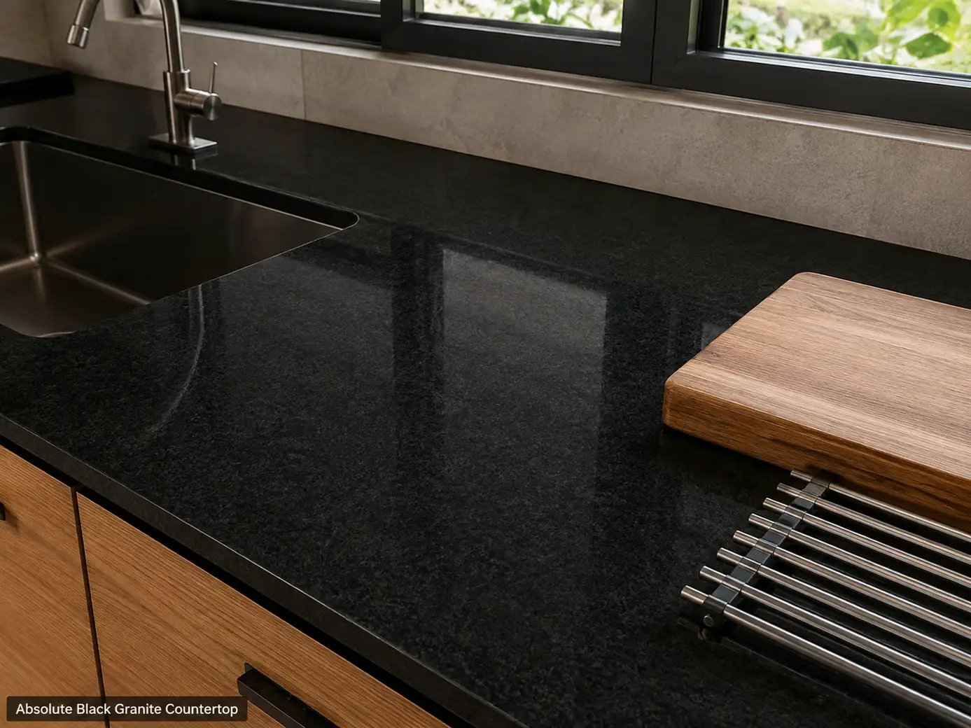 Polished Absolute Black granite kitchen countertop with deep black surface, fabricated edge and cutting board