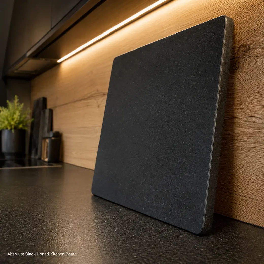 Upright Absolute Black kitchen board against oak cabinetry, highlighting its thin honed edge and dark surface.