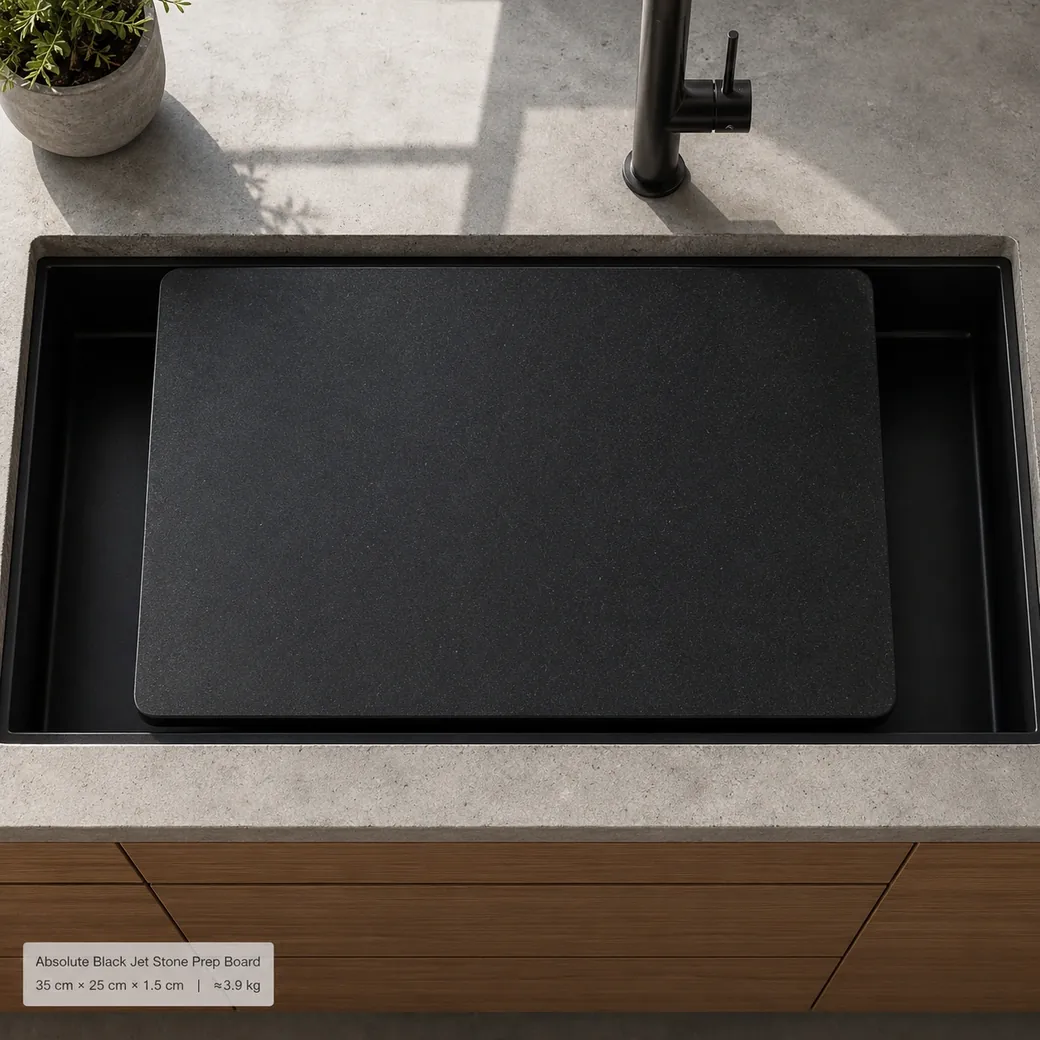 Overhead Absolute Black prep board across a sink bridge with solid jet-black honed surface.