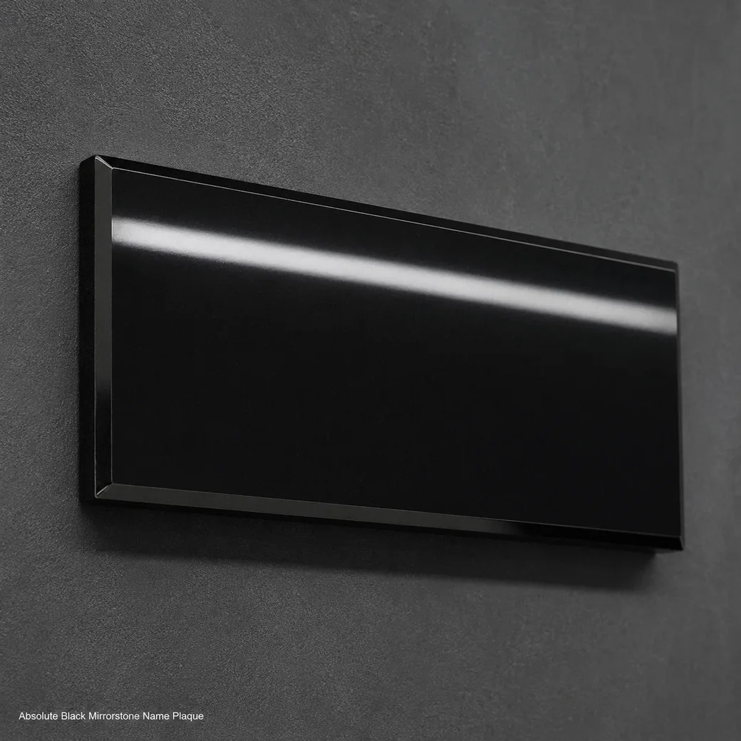 Wall-mounted blank Absolute Black granite plaque with mirror polish and visible 2 cm projection