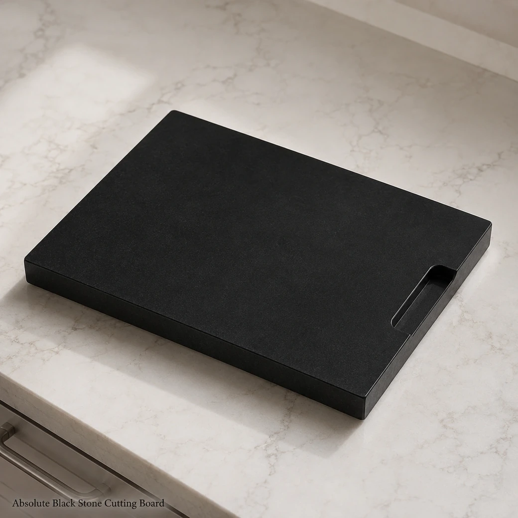 Absolute Black dolerite cutting board in solid jet black with a fine-honed matte-satin finish.