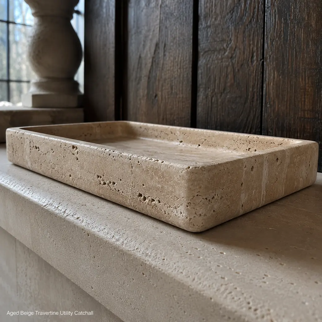 Low rear-side antiqued travertine storage tray on limestone with cream striations and worn beige edges.