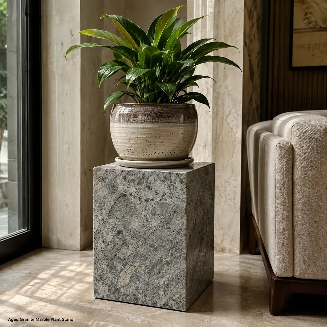 Honed aged granite plant stand supporting a ceramic planter with saucer in a bright modern living room.