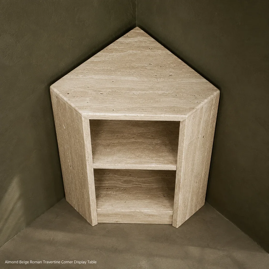 Almond Roman travertine corner table in an olive room, overhead rear view revealing triangular shelves