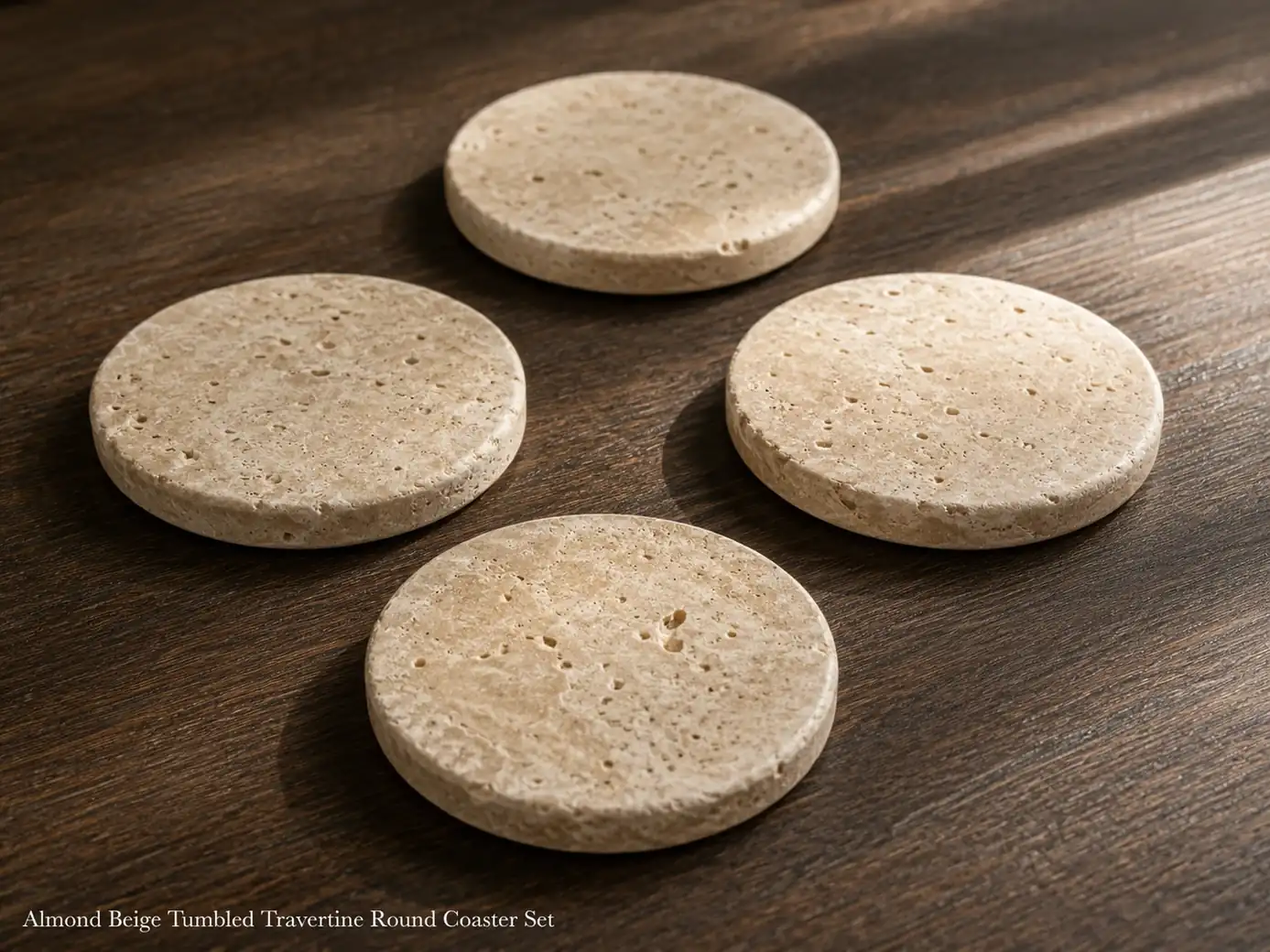 Four almond beige travertine coasters spread on dark walnut, showing tumbled edges, pores and natural matte variation.