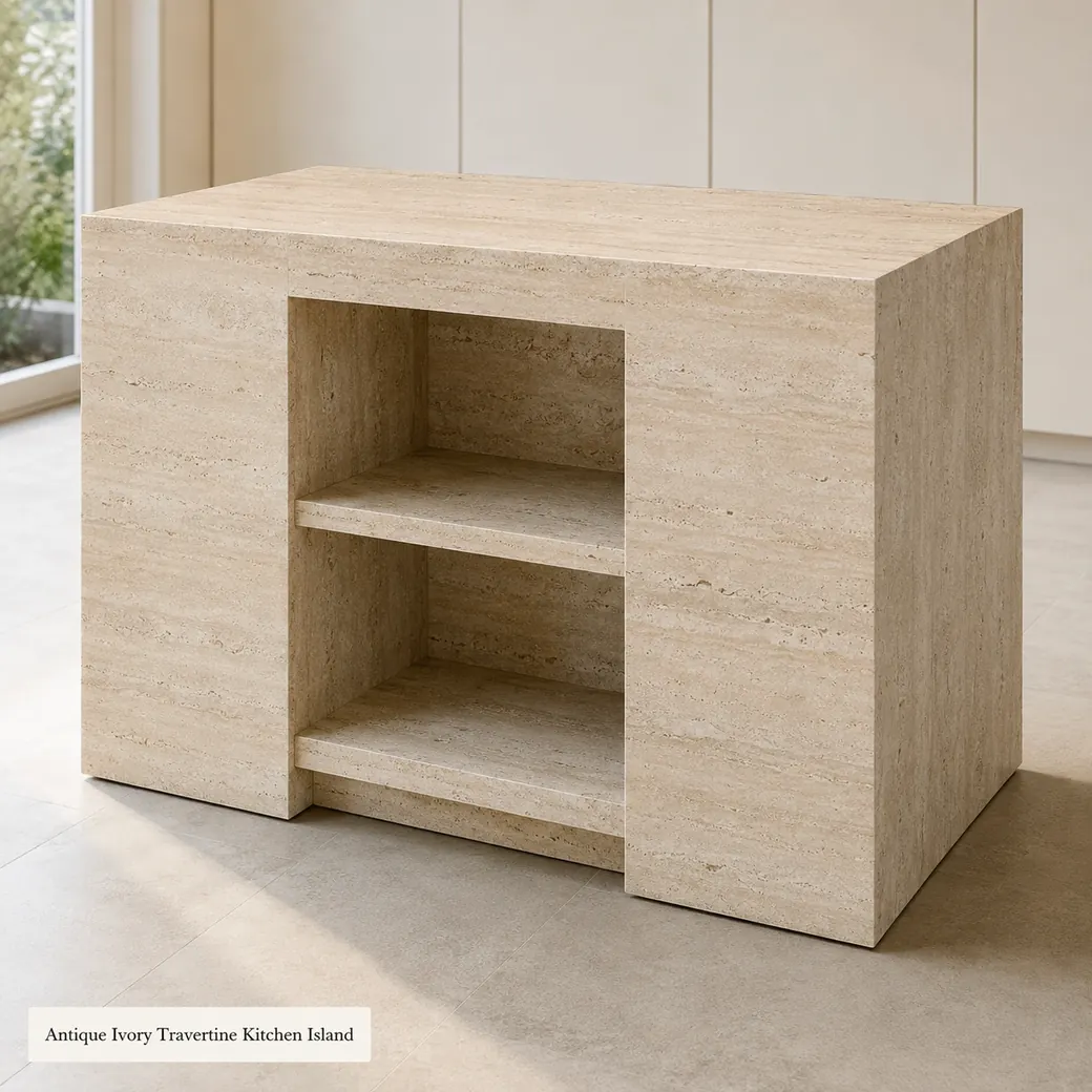 Antique ivory beige travertine kitchen island with honed stone finish