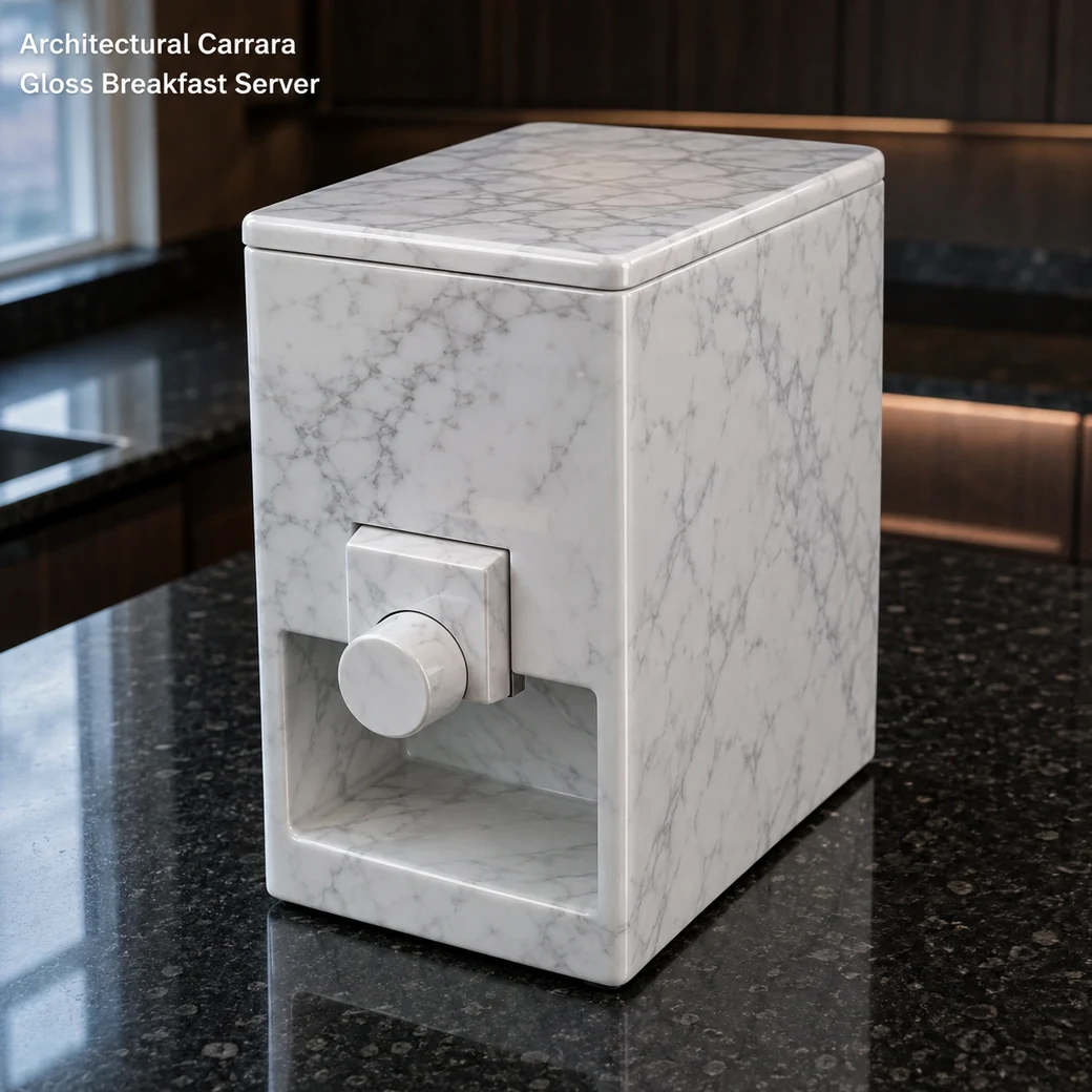 Glossy Carrara cereal container on black granite, high front view showing lid, front control and polished side.