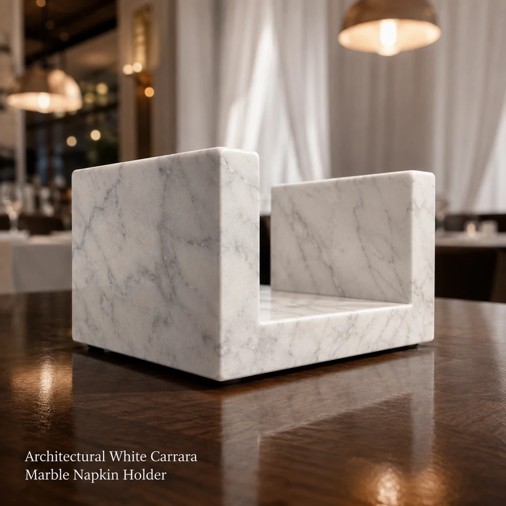 Architectural white Carrara napkin holder on walnut, low end-on view showing the empty opening and thick walls