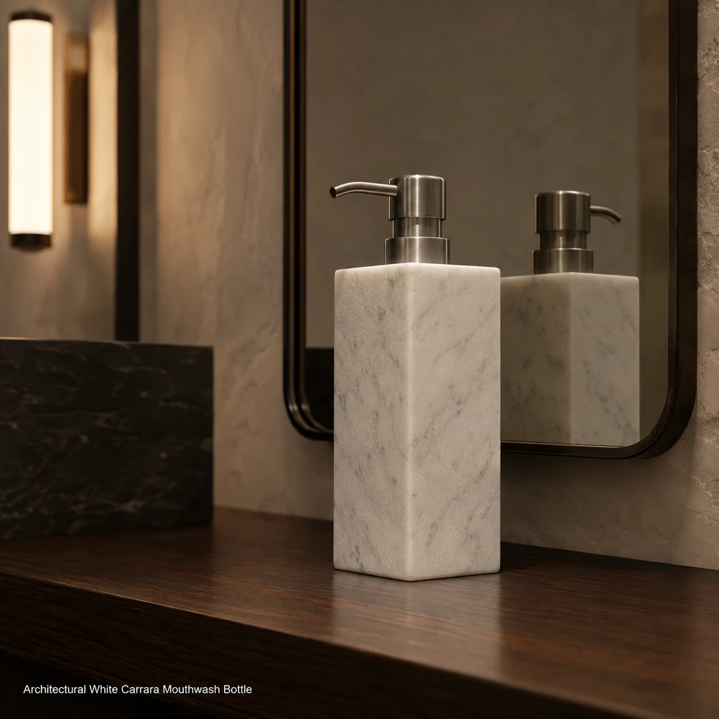 Architectural white Carrara mouthwash bottle on walnut, low side view with soft mirror reflection behind