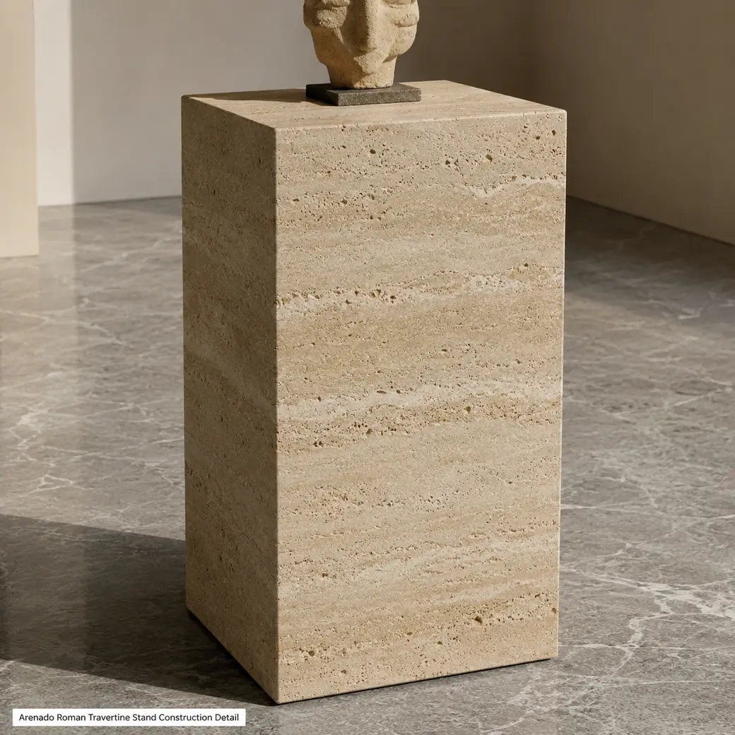 Arenado Roman Travertine display stand showing sand-beige stone texture and solid construction
