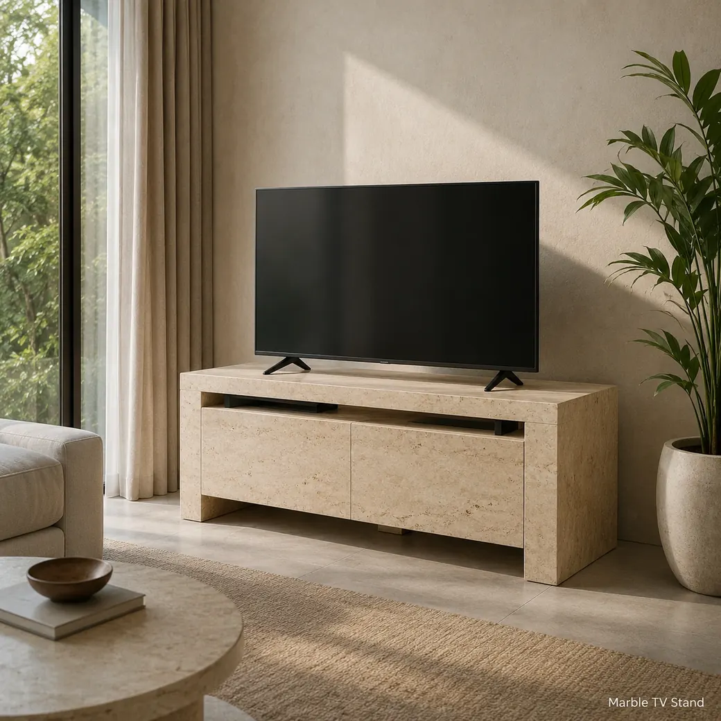 Warm beige travertine TV stand with storage, ventilation and cable management beneath a modern television.