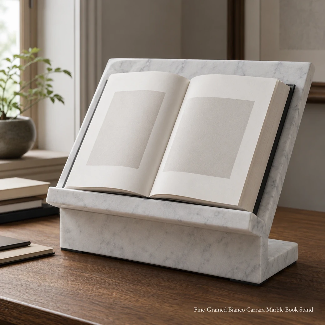 Matte honed Bianco Carrara book stand supporting an open hardcover book on an angled stone backrest.