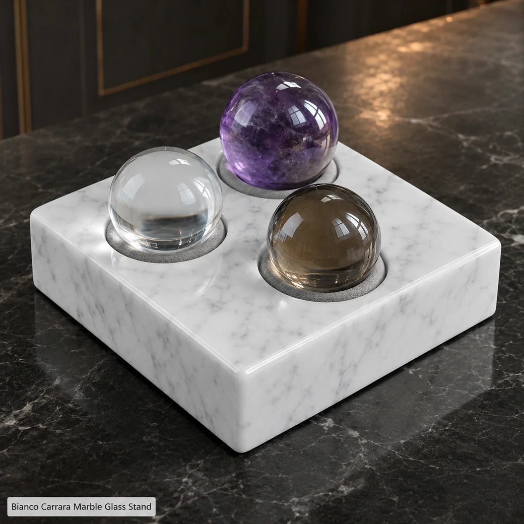 High-gloss Bianco Carrara glass stand holding three crystal spheres in cushioned fitted recesses.