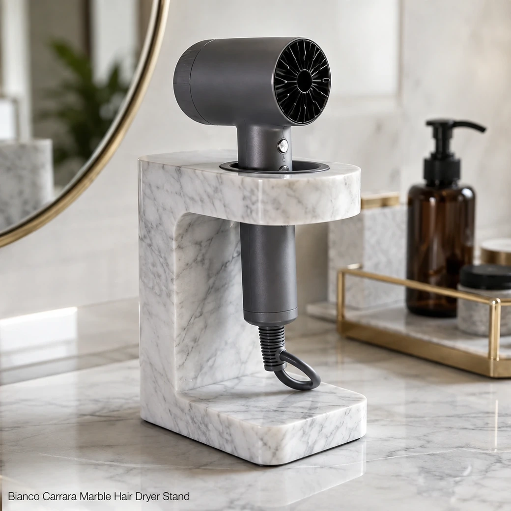 Polished Bianco Carrara hair dryer stand holding a dryer upright on a stable white marble base.