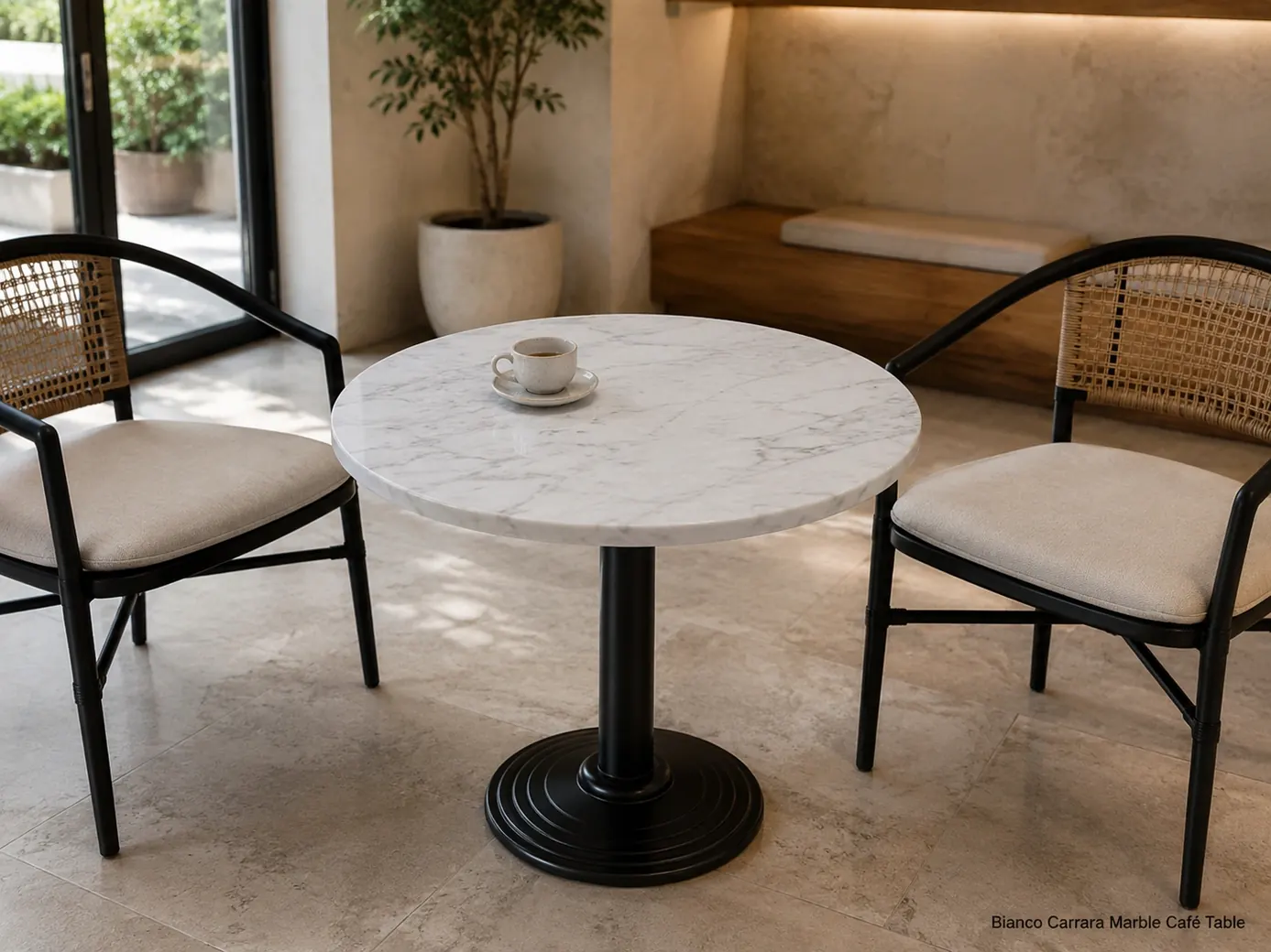Honed Bianco Carrara marble cafe table for two with soft white stone, grey veins and commercial pedestal