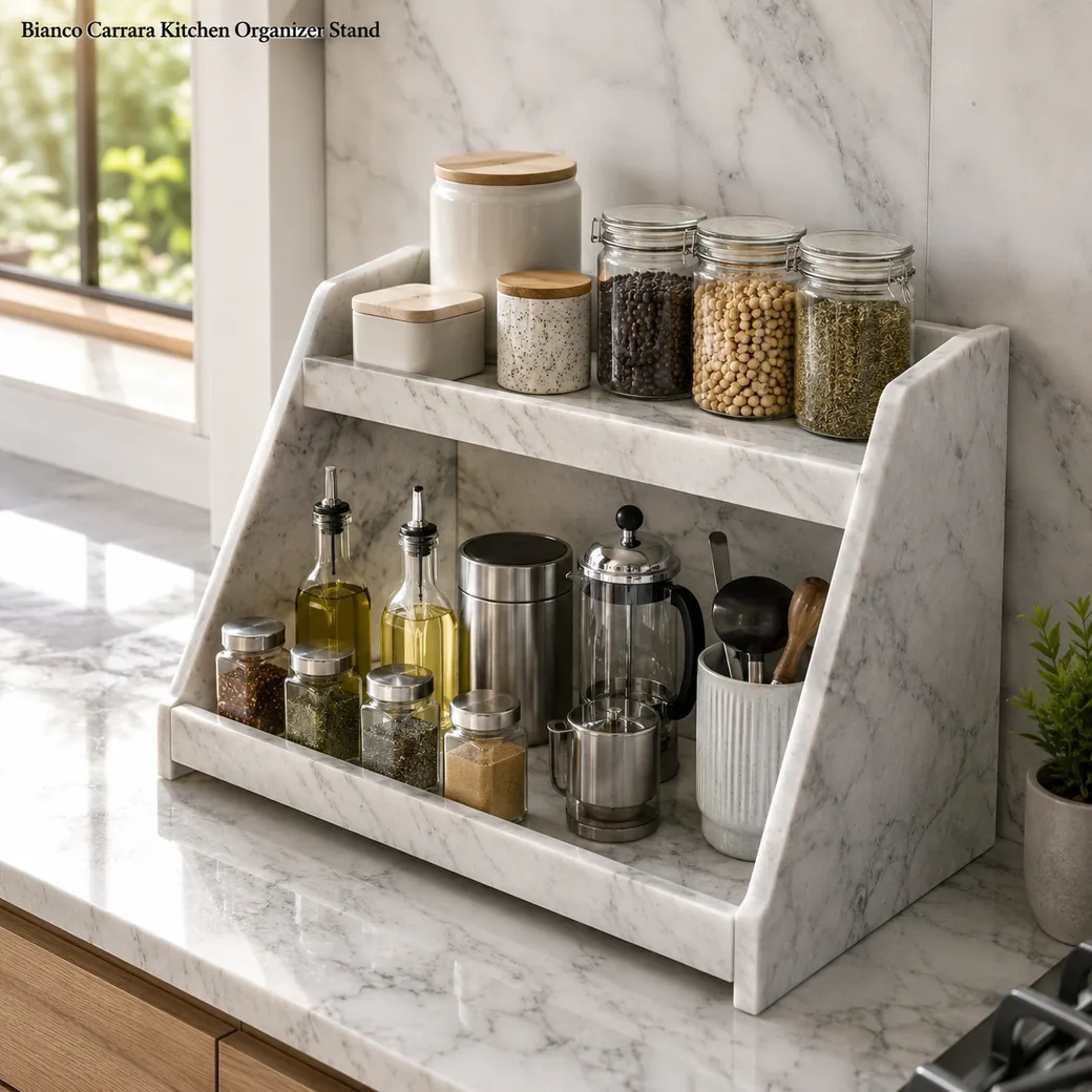 Polished Bianco Carrara kitchen organizer with tiered storage for oils, spices and coffee accessories.