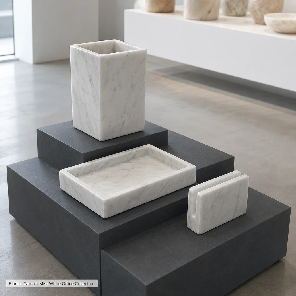 Bianco Carrara desk set on stepped charcoal plinths with light grey-white honed marble