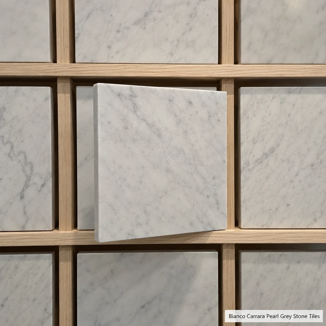 Bianco Carrara honed tile samples displayed vertically in a stone library with pearl-white grey-veined faces.