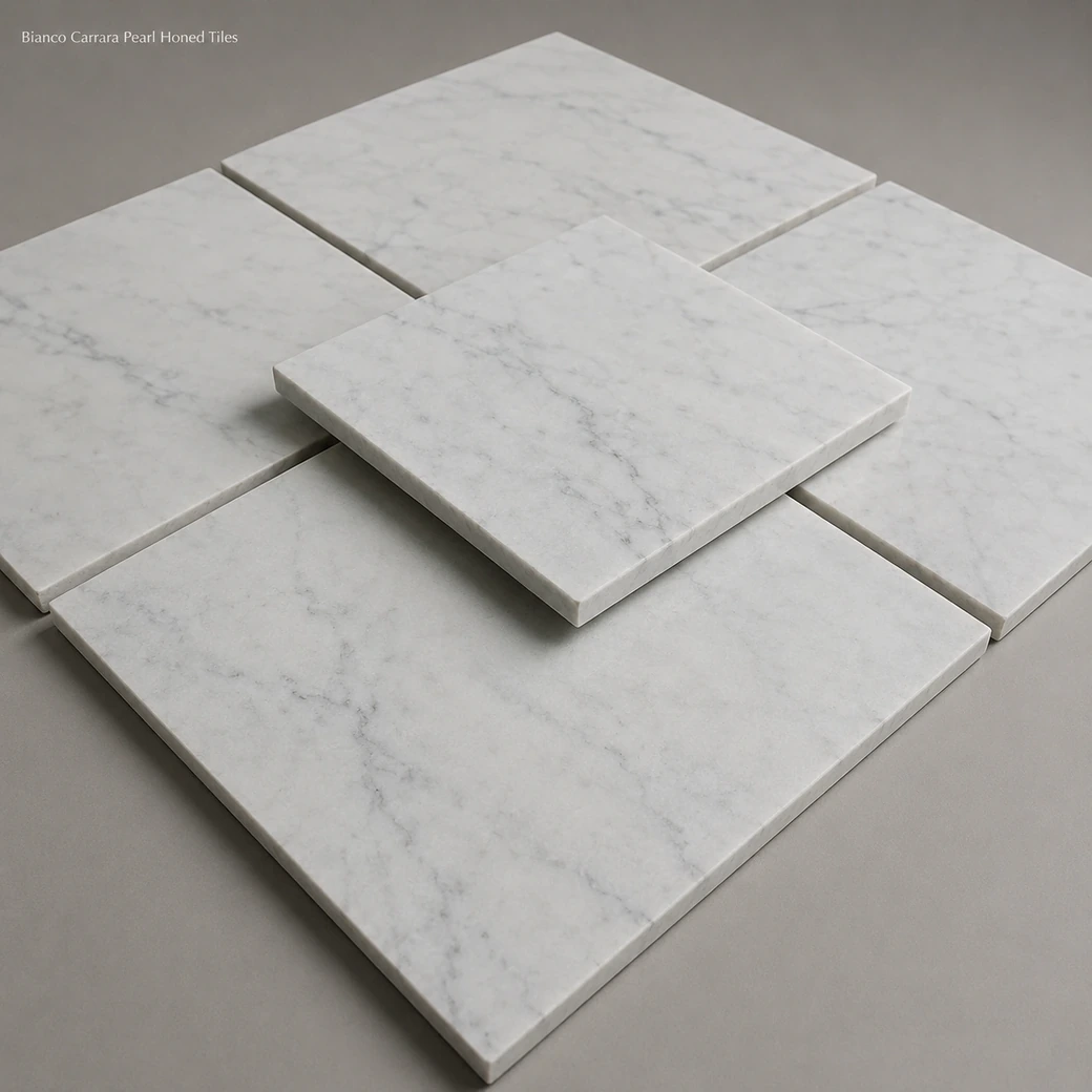 Bianco Carrara honed marble tiles in pearl white with soft grey veining, shown in a staggered sample layout.