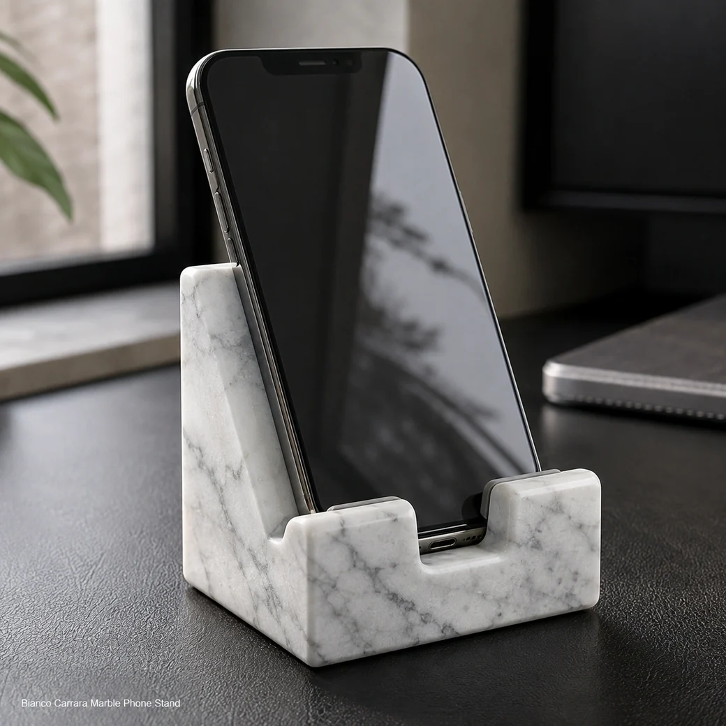 Honed Bianco Carrara phone stand holding a smartphone upright with charging port and padded contact points clear.