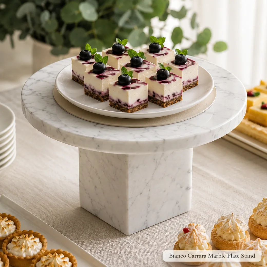 Polished Bianco Carrara plate stand presenting a serving plate on a food-safe liner at buffet height.