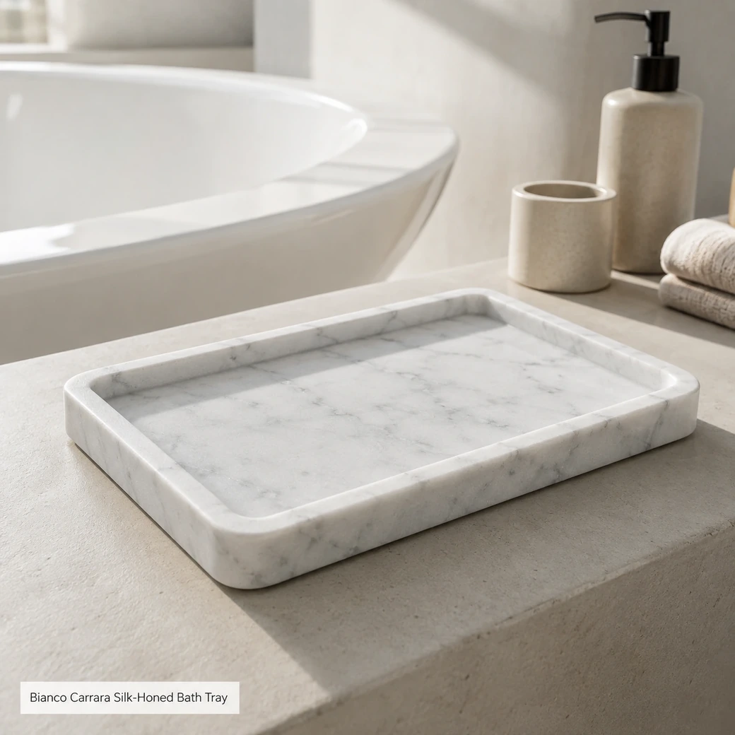 Bianco Carrara bath tray in Carrara white with silver-grey veining and a smooth silk-honed finish.