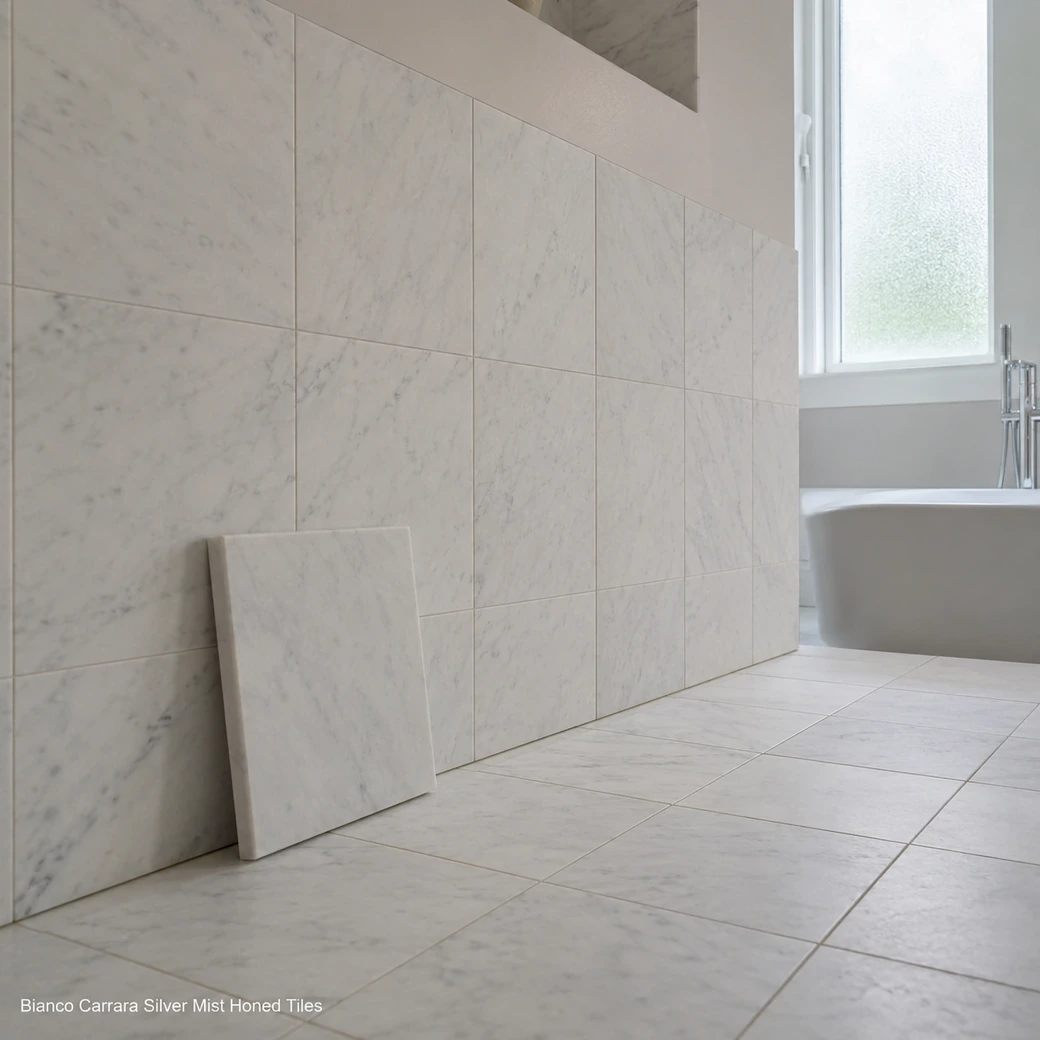 Bianco Carrara tiles installed across a bathroom corner with silver-grey veins and cool morning light.
