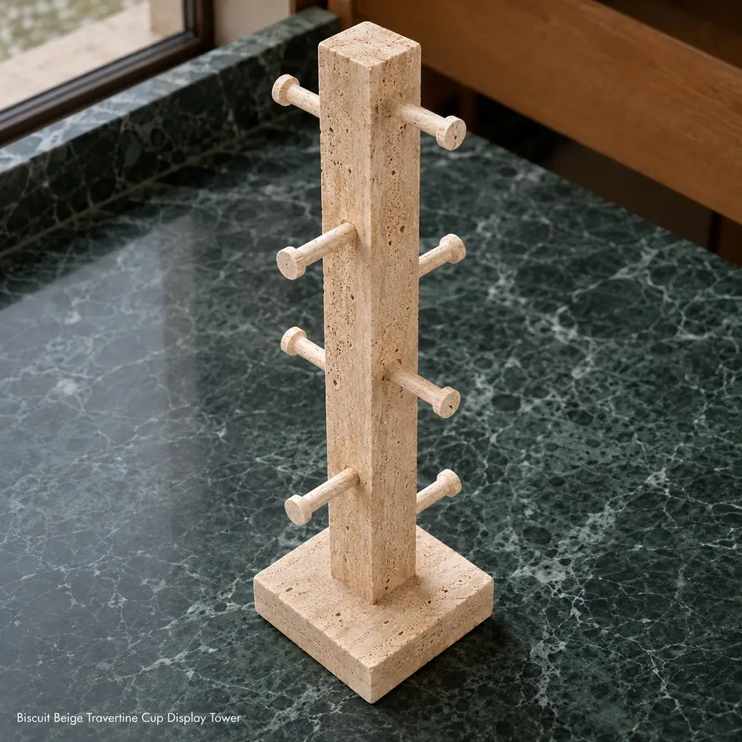 Biscuit travertine mug tree on dark green counter, high side view showing empty arms and substantial square base.