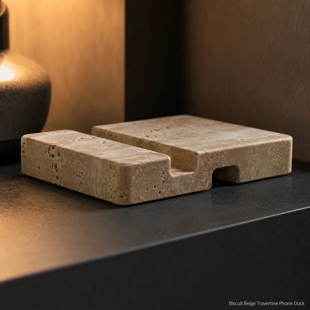 Biscuit beige travertine phone dock on charcoal shelf, macro side view showing angled slot, pores and satin texture.