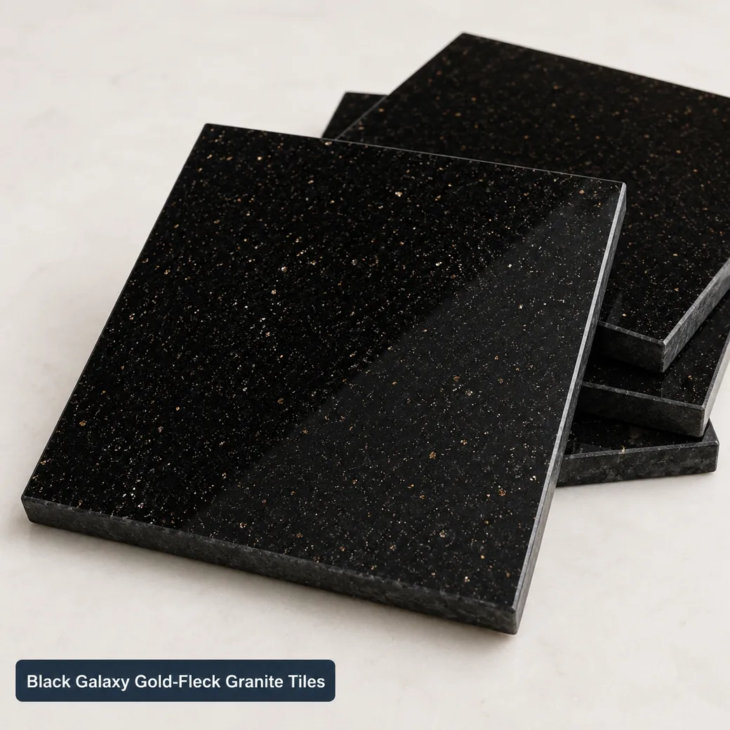 Black Galaxy granite tiles with jet black surface and fine gold flecks